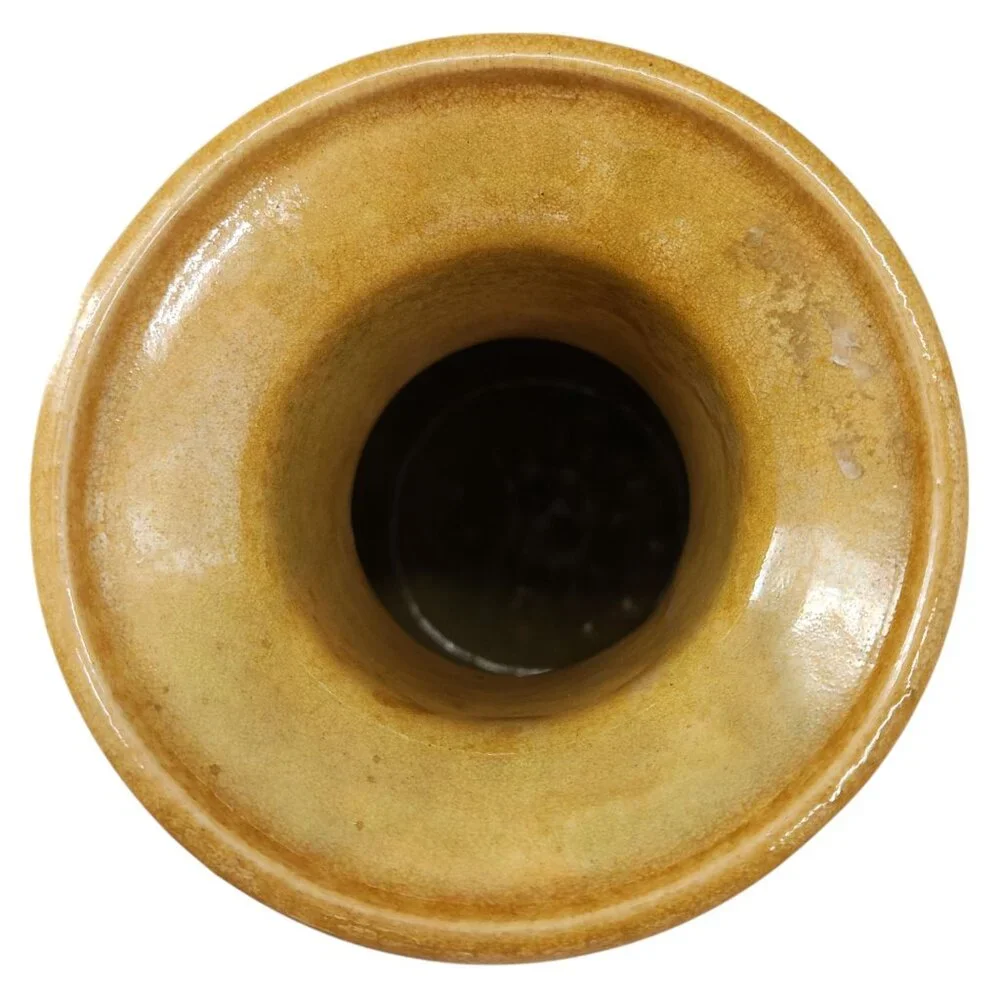 Vtg. Tony Evans Large Raku Vase Brass Handles Signed Spotted Glaze Metal Collar